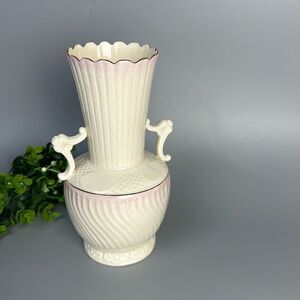 Vintage Belleek Porcelain Vase with Light Pink Glaze & Embossed Patterns 8"